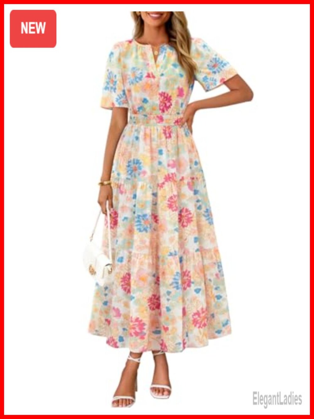 Women's Summer Floral Boho Short Sleeve Midi Maxi Dress with Pockets